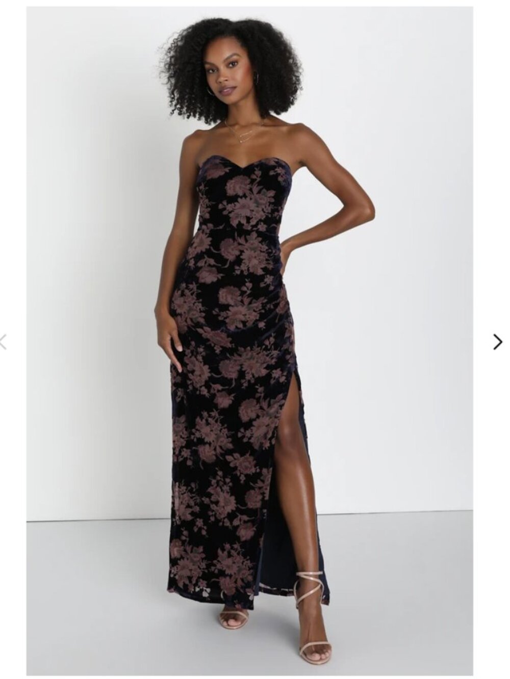 Lulu's Exquisite Navy Blue Floral Burnout Velvet Strapless Maxi Dress